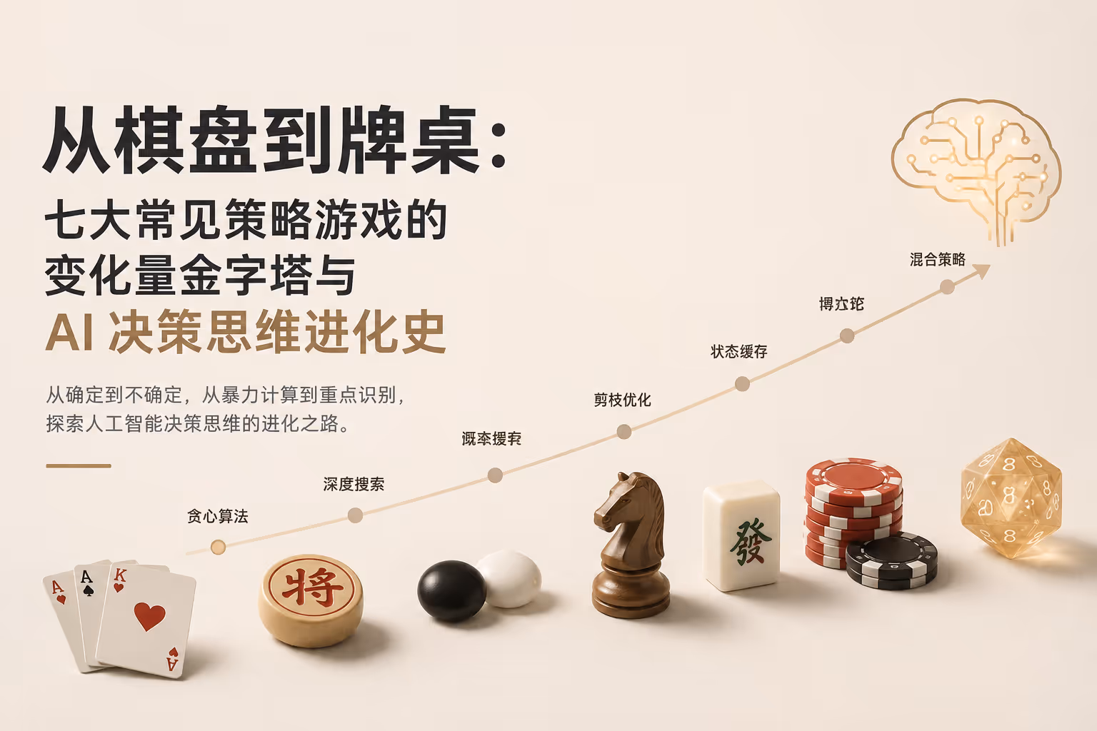 从棋盘到牌桌：七大常见策略游戏的变化量金字塔与 AI 决策思维进化史